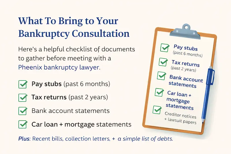 Checklist graphic showing documents to gather before meeting with a Phoenix bankruptcy lawyer, including recent pay stubs, tax returns, bank statements, car loan or mortgage statements, and recent creditor notices or lawsuit papers.